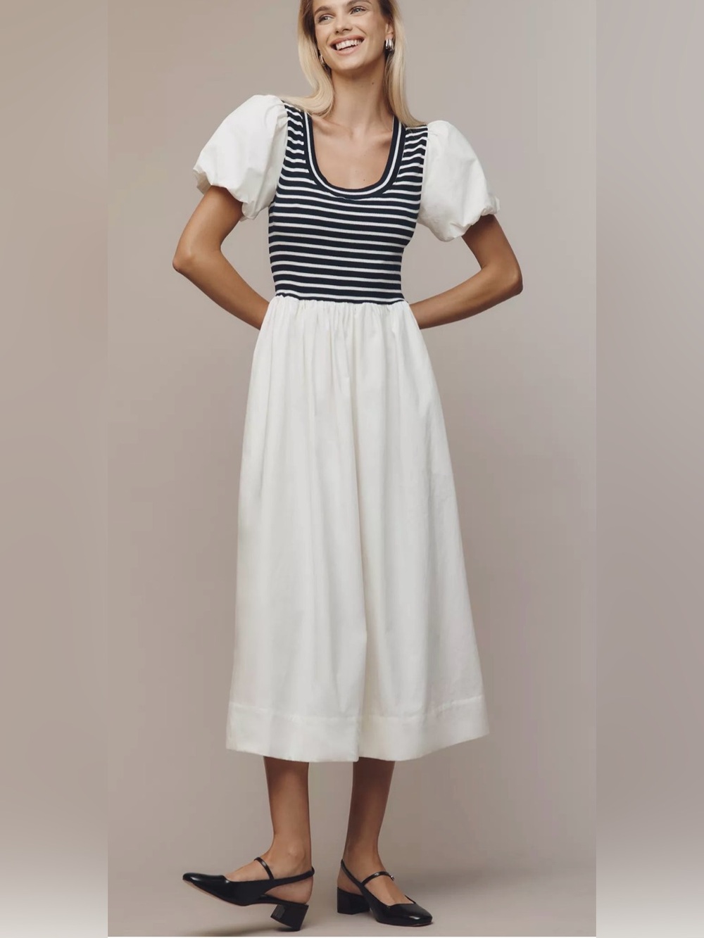 Maeve Puff-Sleeve Striped Poplin Midi Dress New without the tag Size Medium